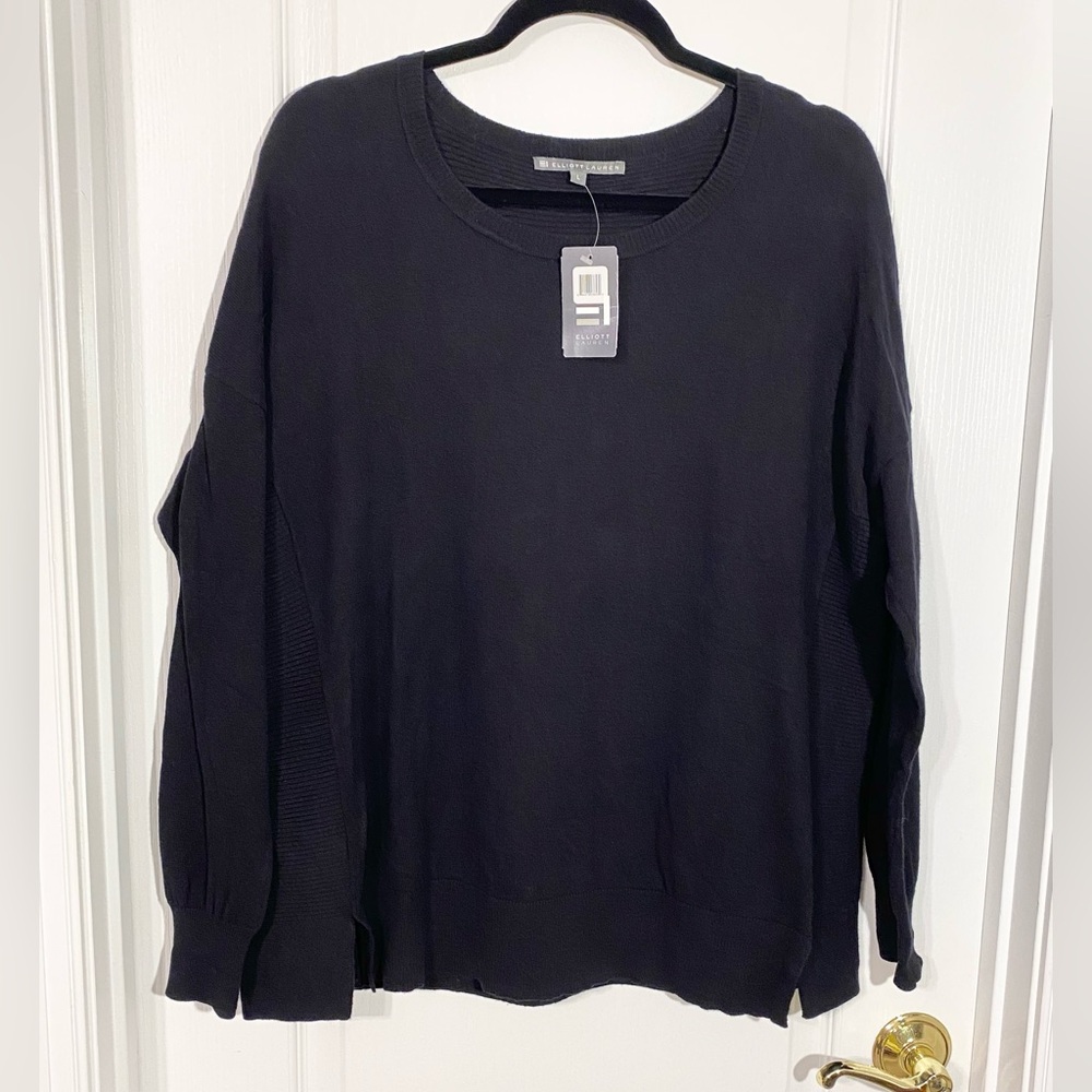 Elliott Lauren Cotton CASHMERE Ribbed Knit Detail Sweater Black Size Large